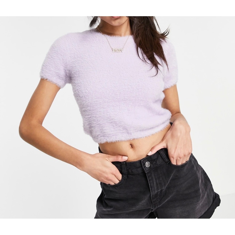 Hollister Fuzzy Crop Sweater‎ Short Sleeve Pullover Womens Medium Lavender